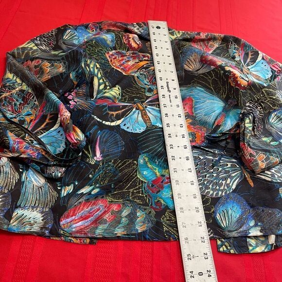 Chico's Bold Butterfly Print Open 3/4 Tie Sleeve 100% Silk Jacket Sz 0 US Small - Picture 13 of 13